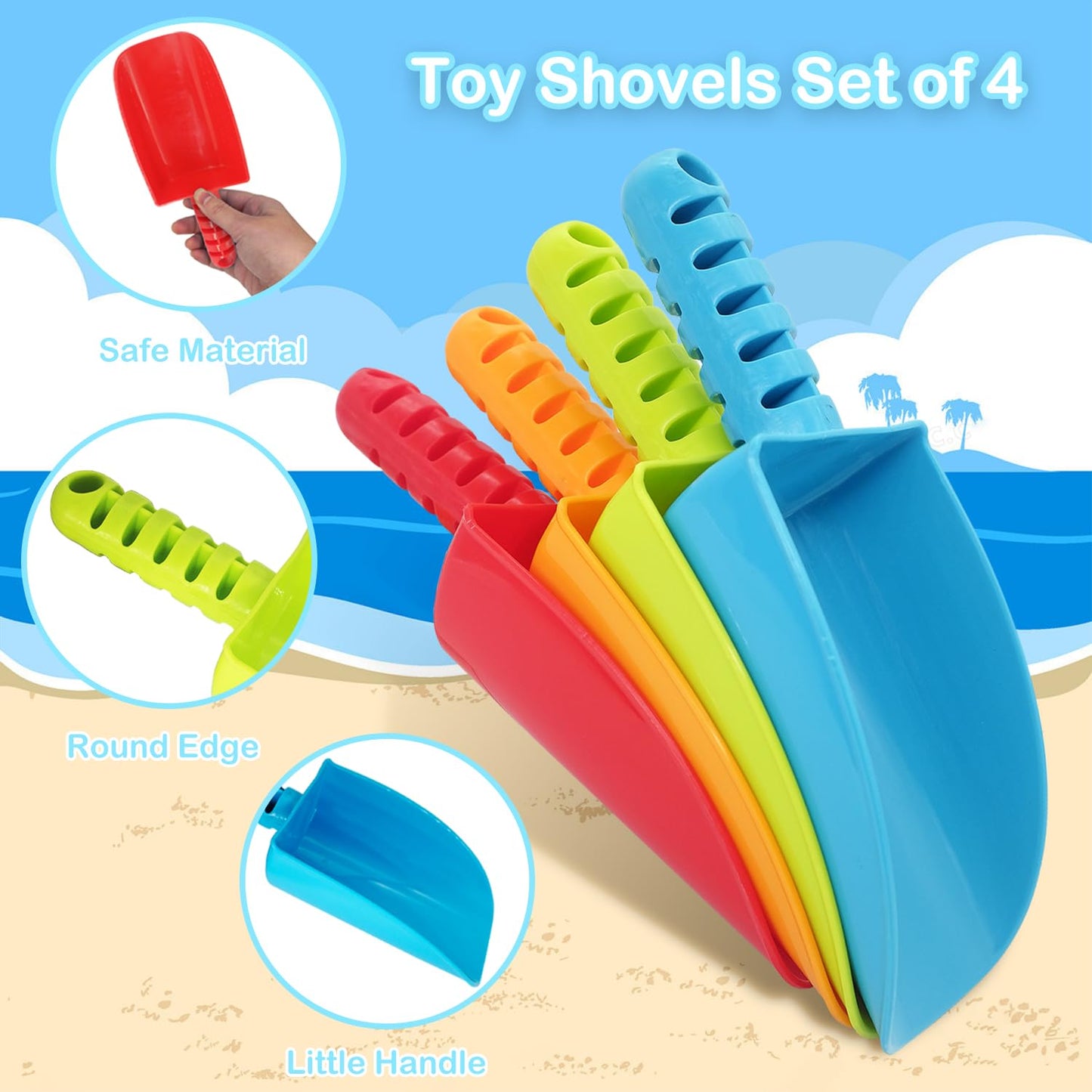 LoayBhok Beach Shovel Toys for Kids: Heavy Duty Plastic Sand Shovels Tools for Toddlers - 4 Pack Outdoor Digging Sandbox Toys Se