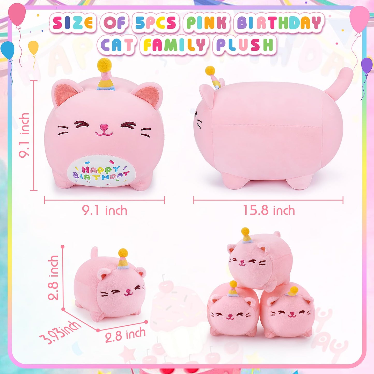 Pink Birthday Cat Plush, 5 PCS Cat Plush Stuffed Animal Family, 16'' Pink Cat Mommy White Cat with 4 Baby Kittens Cat Plushies,K