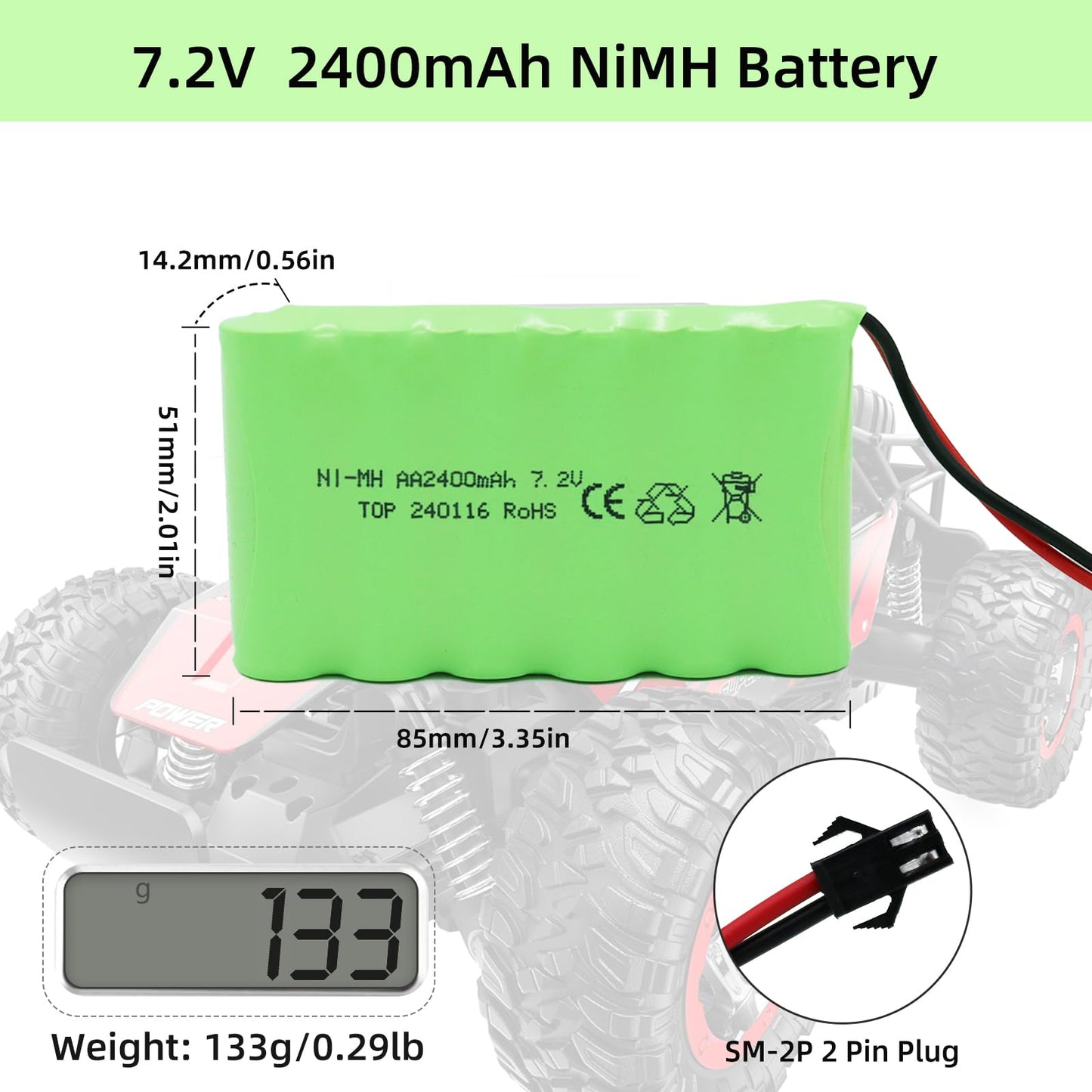 Tosiicop 7.2V 2400Mah Nimh Battery - Rc Car Rechargeable Battery Aa With Sm-2P 2 Pin Plug And Usb Charge Cable For Rc Truck Car