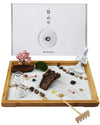 Melonva Japanese Zen Garden For Desk - Life Flows 12'' X 8'' Desktop Mini Zen Garden With White Sand Artificial Tree Rocks Rakes