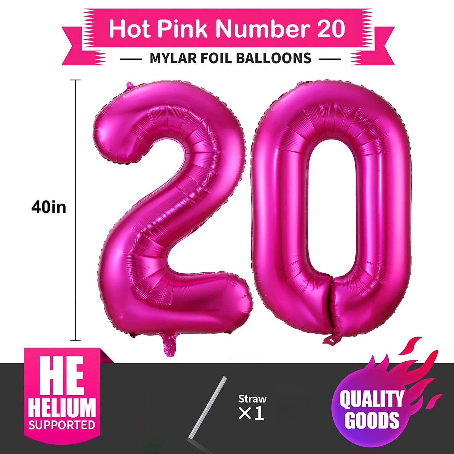 Hot Pink 20 Balloon Numbers,40 Inch 20 Birthday Balloon Foil Mylar Number 20 Balloon Large Dark Pink Number Balloons For Birthday Party Anniversary Festival Decorations