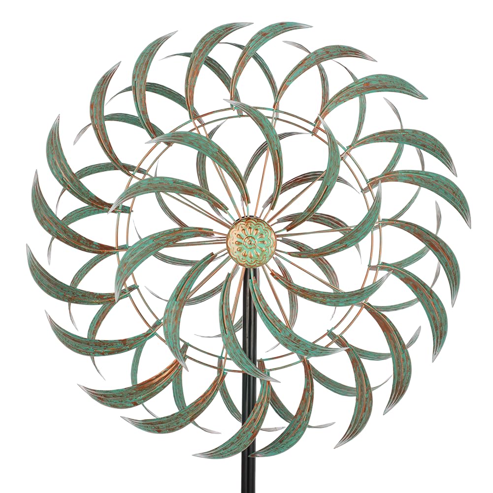 Viveta Large Outdoor Wind Spinner,21 * 85 Inches Metal Wind Sculpture With 4 Sturdy Stakes,Green Double Wind Spinners,Decorative
