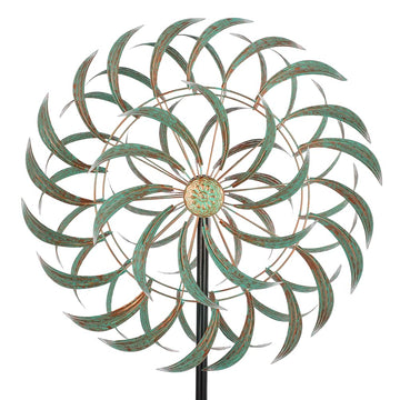 Viveta Large Outdoor Wind Spinner,21 * 85 Inches Metal Wind Sculpture With 4 Sturdy Stakes,Green Double Wind Spinners,Decorative