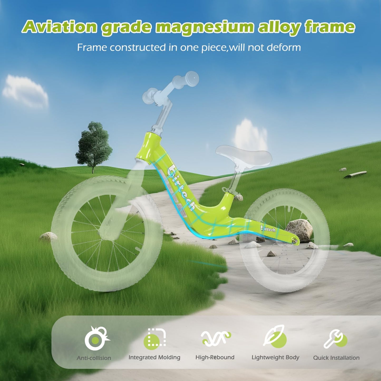 14' Kids Balance Bike For 3,4,5,6 Year Old Boys And Girls, Air Tires With Magnesium Alloy Frame, Lightweight No Pedal Toddler Training Bicycle (Green)