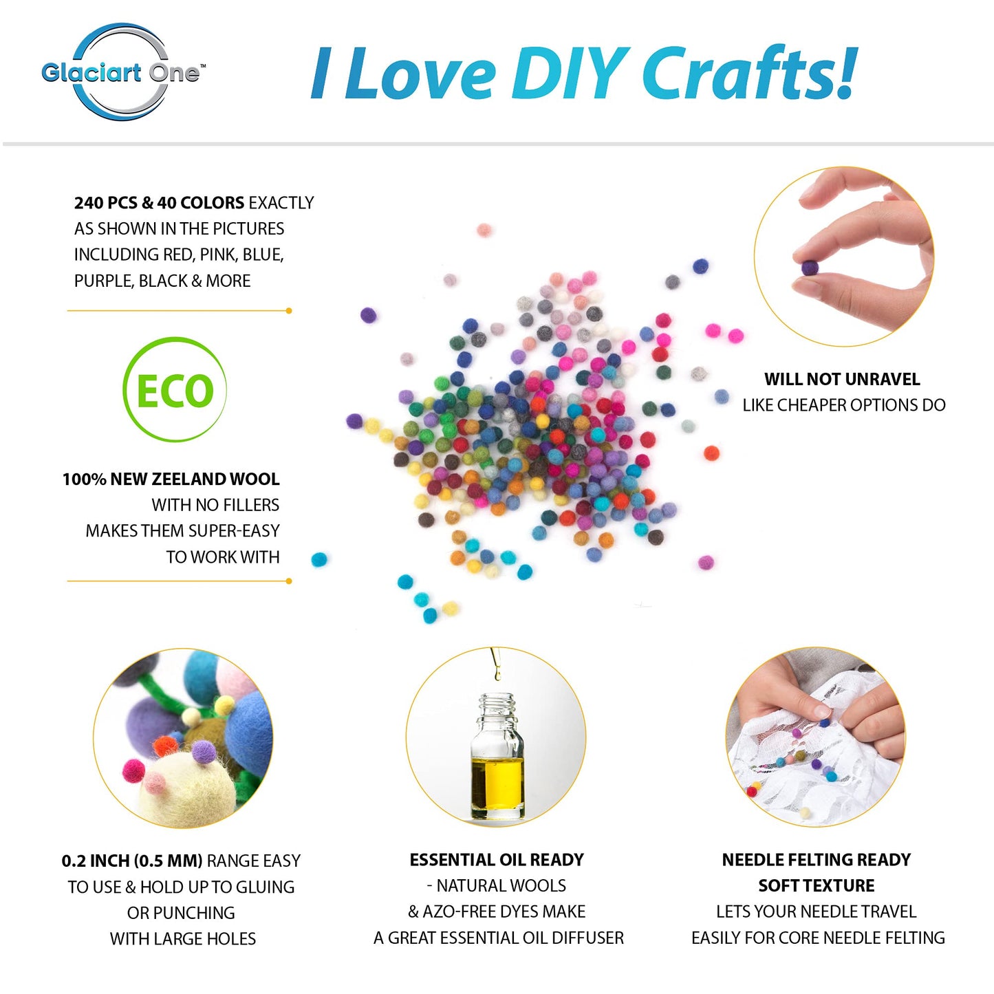 Glaciart One Wool Felt Balls Super Small (240 Pieces) 0.5 Centimeter - 0.2 Inch, Tiny Handmade Felted 40 Color (Red, Blue, Yello