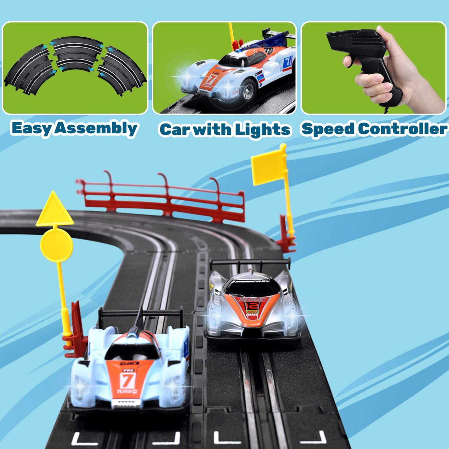 Electric Racing Track Sets For Boys And Kids Including 4 Slot Cars 1:43 Scale And 2 Controllers, Gift Toys For Children