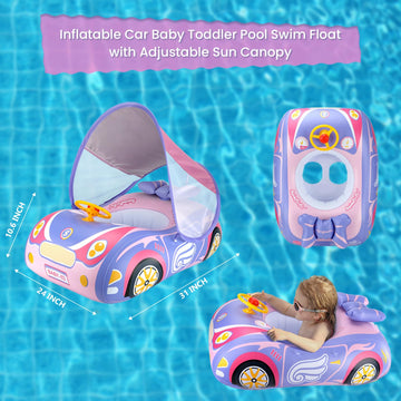 Baby Pool Float With Canopy 3D Car Thick Pvc Inflatable Baby Swim Pool Floats Seat Boat With Sun Shade Cover And Steering Wheel