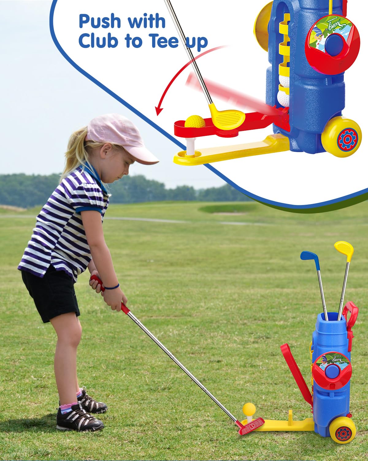 Humzo Toddler Golf Set for Boys Girls Age 3 4 5 6  limited availability Foot-Pedal Design Auto-Reloads Balls  Upgraded Kids Golf Cart with 3 Clubs & 8 Balls  Indoor and Outdoor Golf Toys Birthday Gift