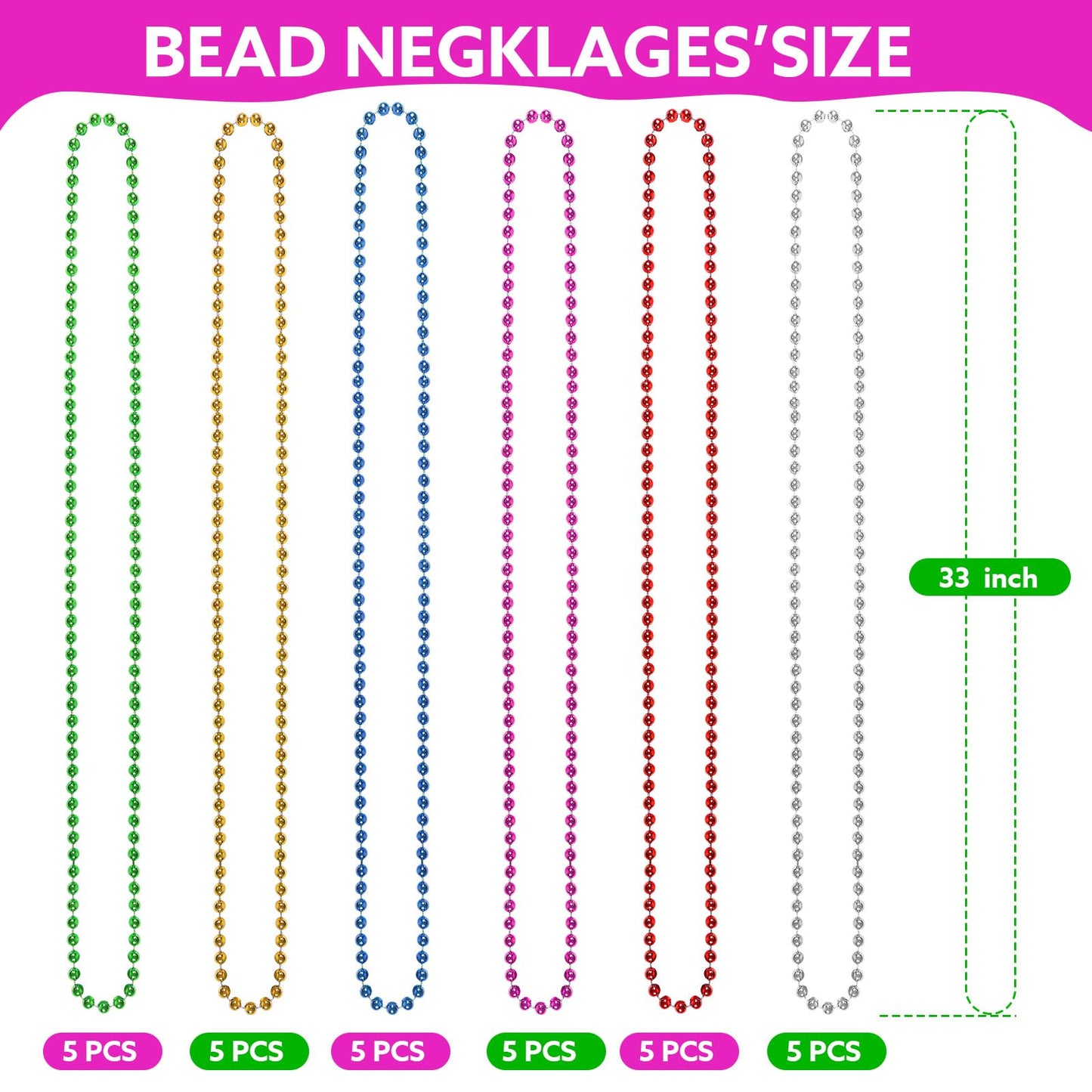 Biubumtu Mardi Gras Beads, 30Pcs Colorful Bead Necklace, 6 Kinds of 33'' Beaded Necklace Bulk Costume Stuff, Festival Parade Thr