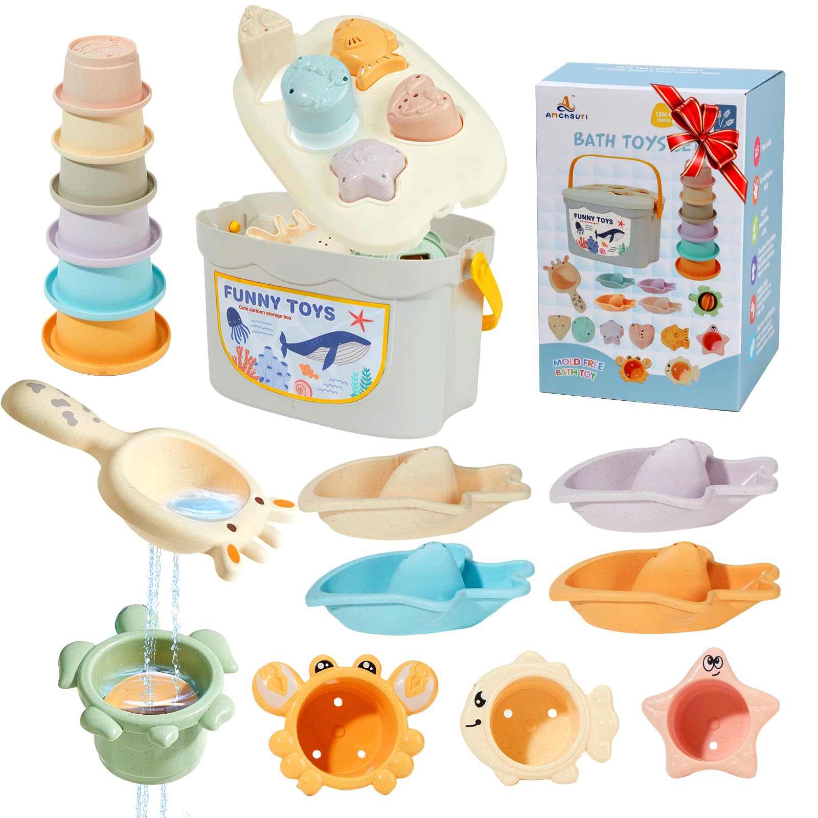 Mold Free Bath Toys for Babies 6-12 Months  21PCS Baby Bath Toys for Kids Ages 1-3 with Shape Sorter and Educational Stacking Cups  Montessori Bathtub Shower Water Toy for Toddler 2-4 with Storage Bin