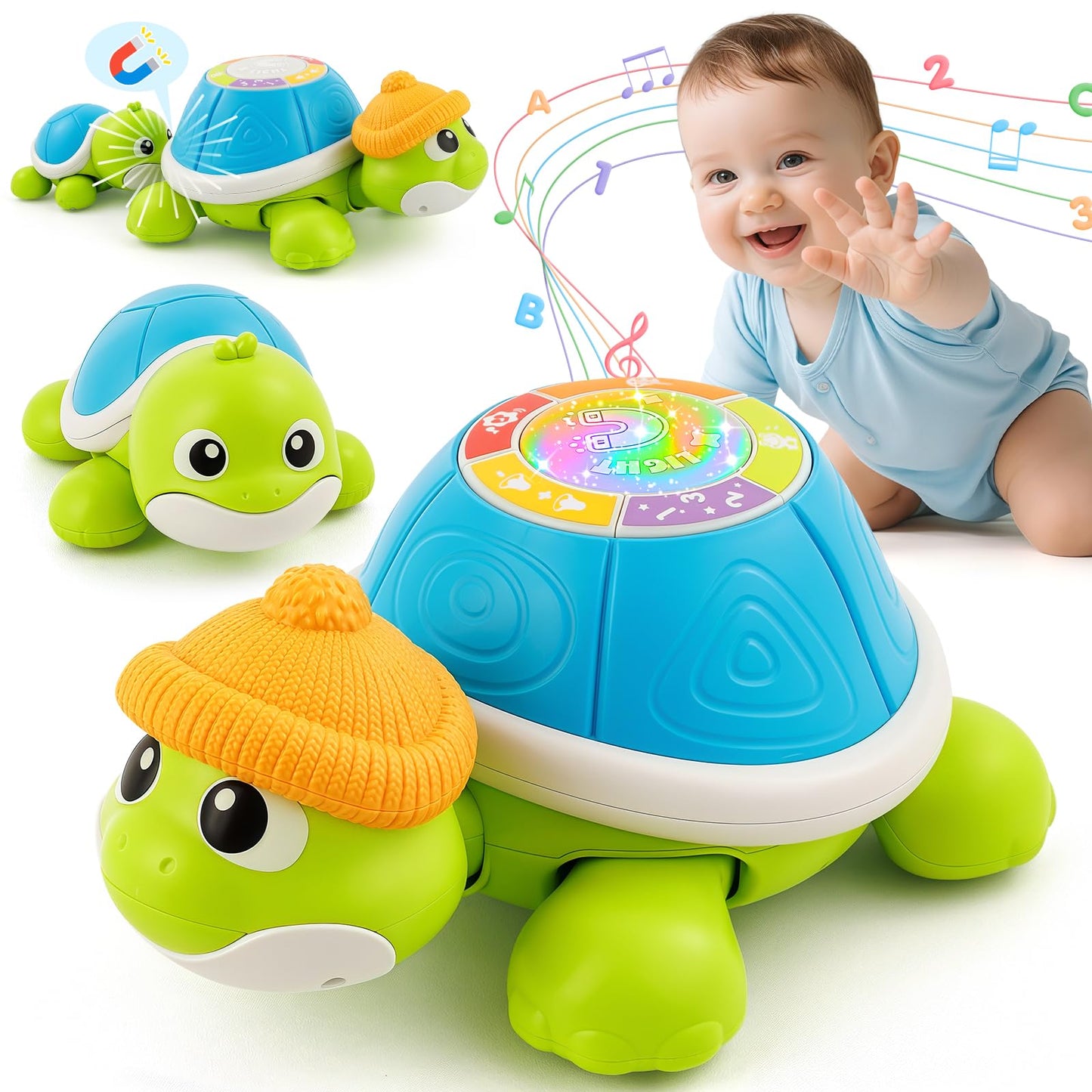 Baby Toys 6-12 Months  Musical Turtle Crawling Infant Toy Set for Tummy Time  Early Educational Learning Toys  Baby Essentials Toy  Christmas Birthday Gifts for Boy Girl 7 8 9 10 11 Month 0-1 Year Old