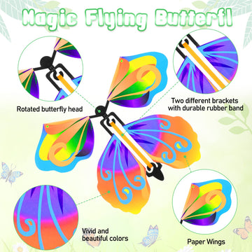 100 Pcs Magic Flying Butterfly Fairy Flying Colorful Wind Up Butterfly In The Book Rubber Band Powered Greeting Card Surprise Gift, 10 Styles