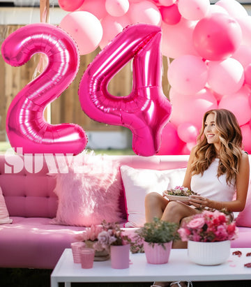 Suwen 40 Inch Large Hot Pink 24 Number Balloons Big Foil Helium Number Balloons 0-9 Jumbo Happy 24Th Mylar Birthday Party Decora