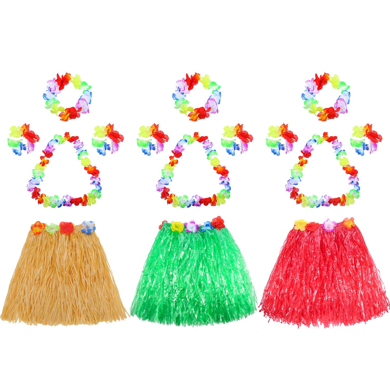 Gejoy 3 Set Grass Skirts for Kids Girls Elastic Hawaiian Hula Dancer Grass Skirt with Flower Leis for Luau Party Costume Set