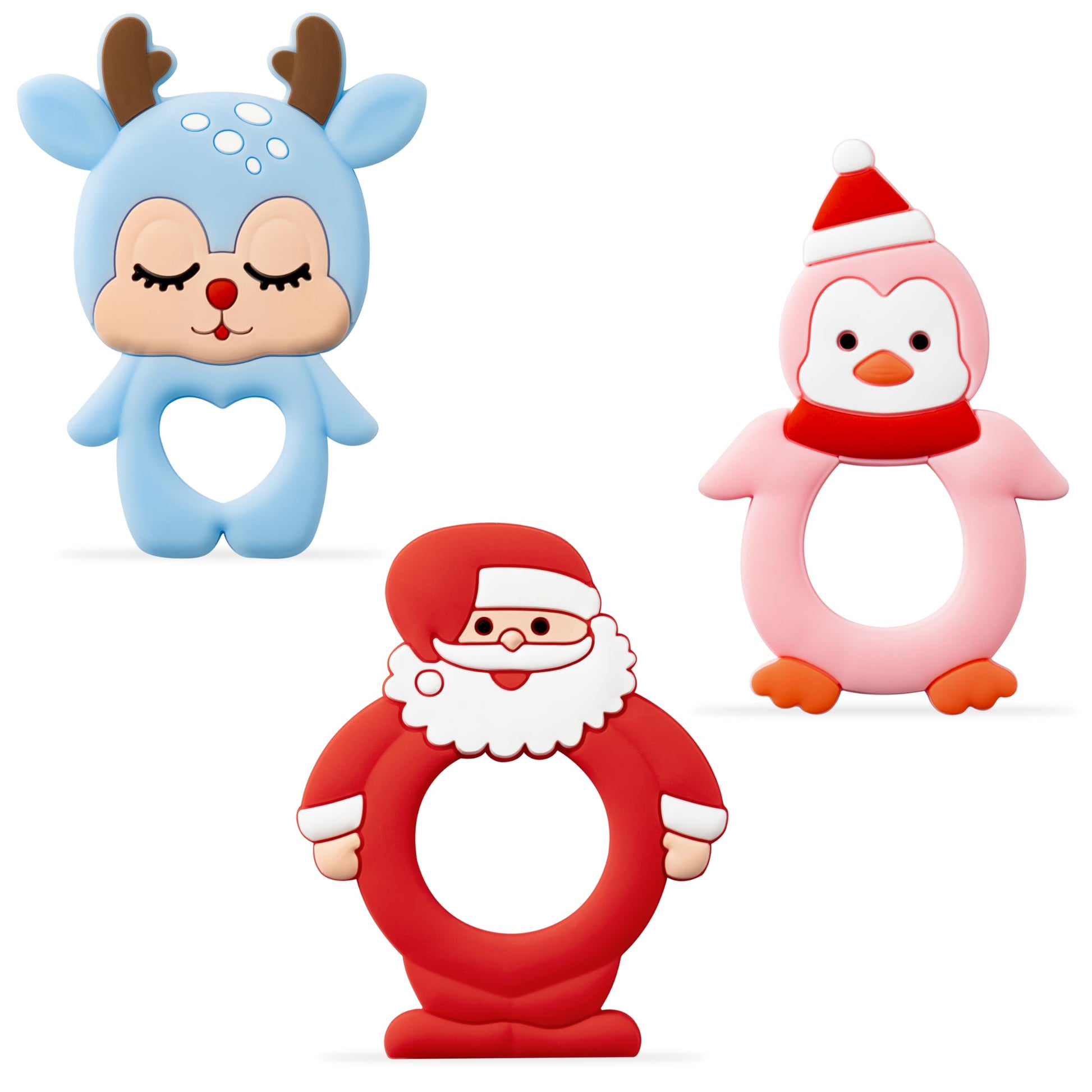 Christmas Silicone Teether for Babies - 2ooya 3Pcs Santa Penguin Deer Soothe Teething Chew Toy Infant Toddler Sore Gums Relief Teether Toy The First Christmas Gift Baby Shower for Newborn Boy Girl