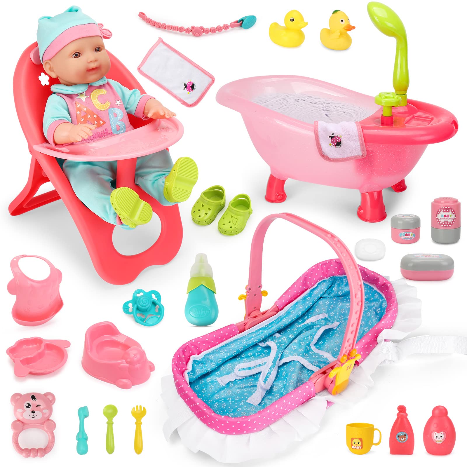 Deao Baby Doll Set, 25 Pcs Baby Doll Accessories With High Chair, Bath, Crib, Feeding Accessories 14' Pretend Play Baby Dolls Toys Gift For Girls