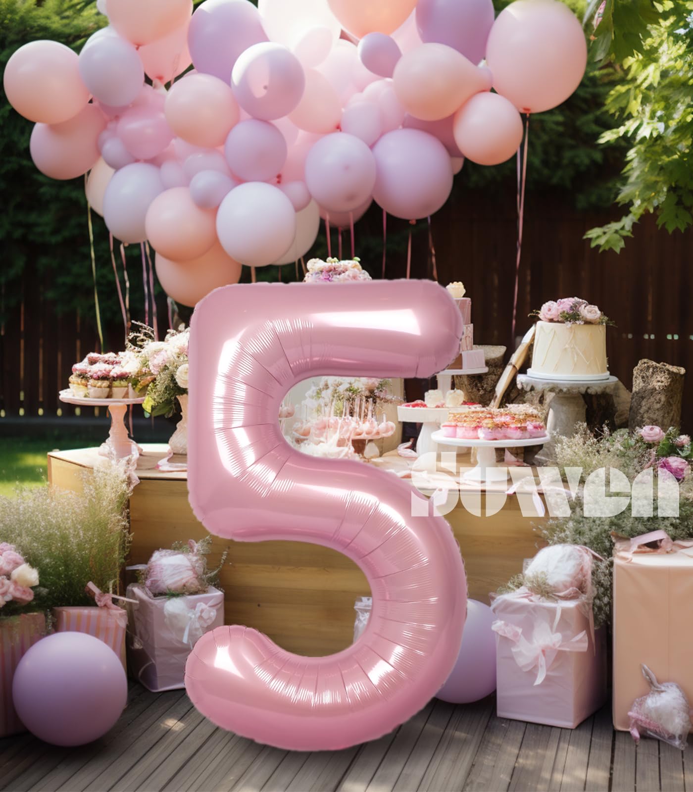 Suwen 40 Inch Pink Large 5 Number Balloons Big Foil Helium Number Balloons 0-9 Jumbo Happy 5Th Mylar Birthday Party Decorations