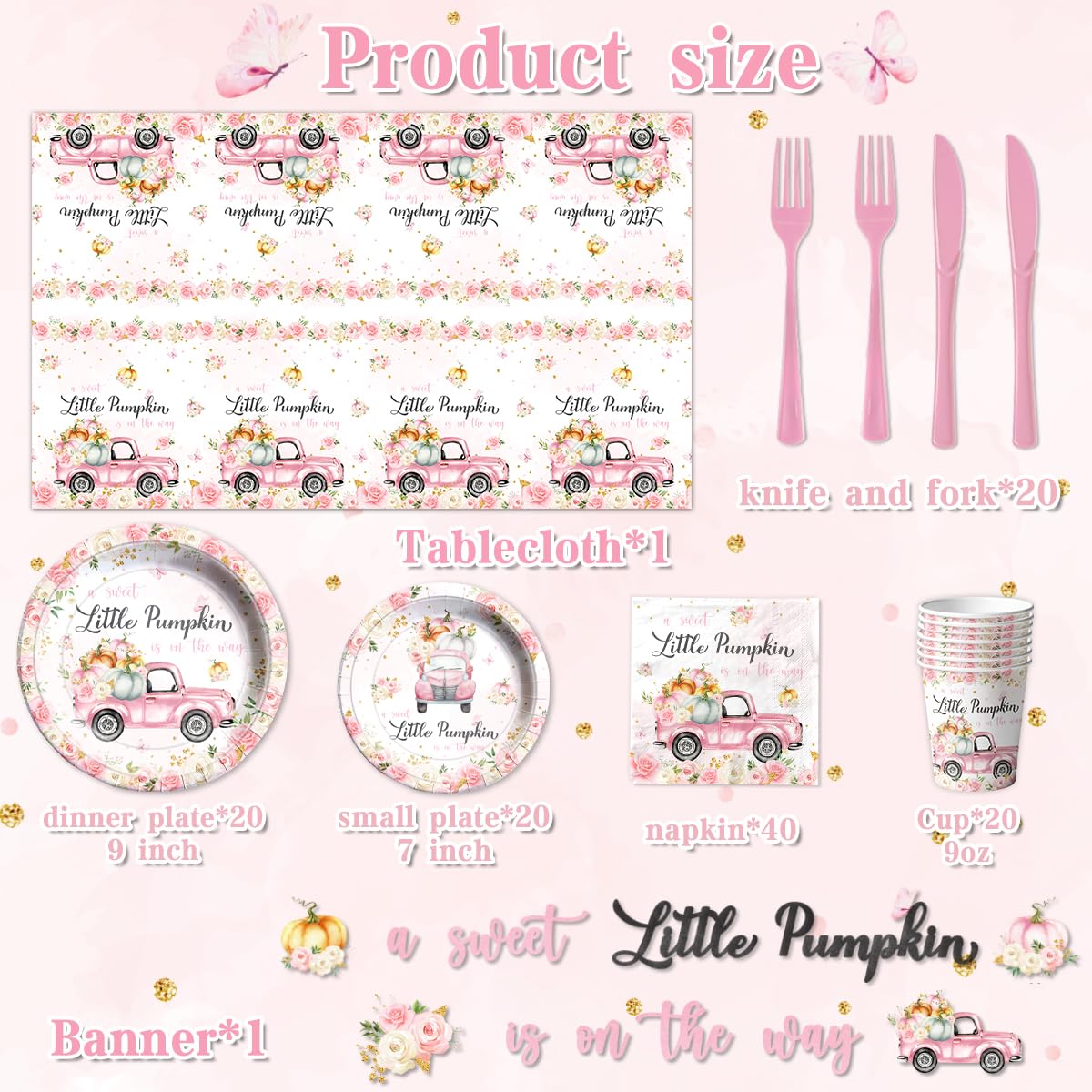 Little Pumpkin Baby Shower Party Decorations Tableware,142Pcs A Sweet Little Pumpkin Is On The Way Girl Pink Floral Truck Dispos