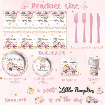Little Pumpkin Baby Shower Party Decorations Tableware,142Pcs A Sweet Little Pumpkin Is On The Way Girl Pink Floral Truck Dispos