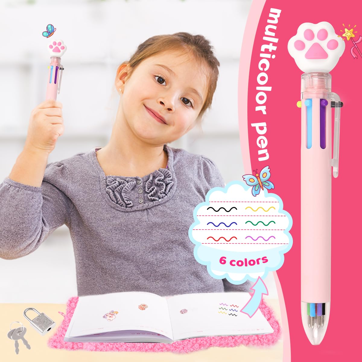 Prinbarbee Bear Diary With Lock,Cute Diary For 6 7 8 Year Old Girl,Kids Journal Notebook Set With Multicolored Pen,Plush Secret