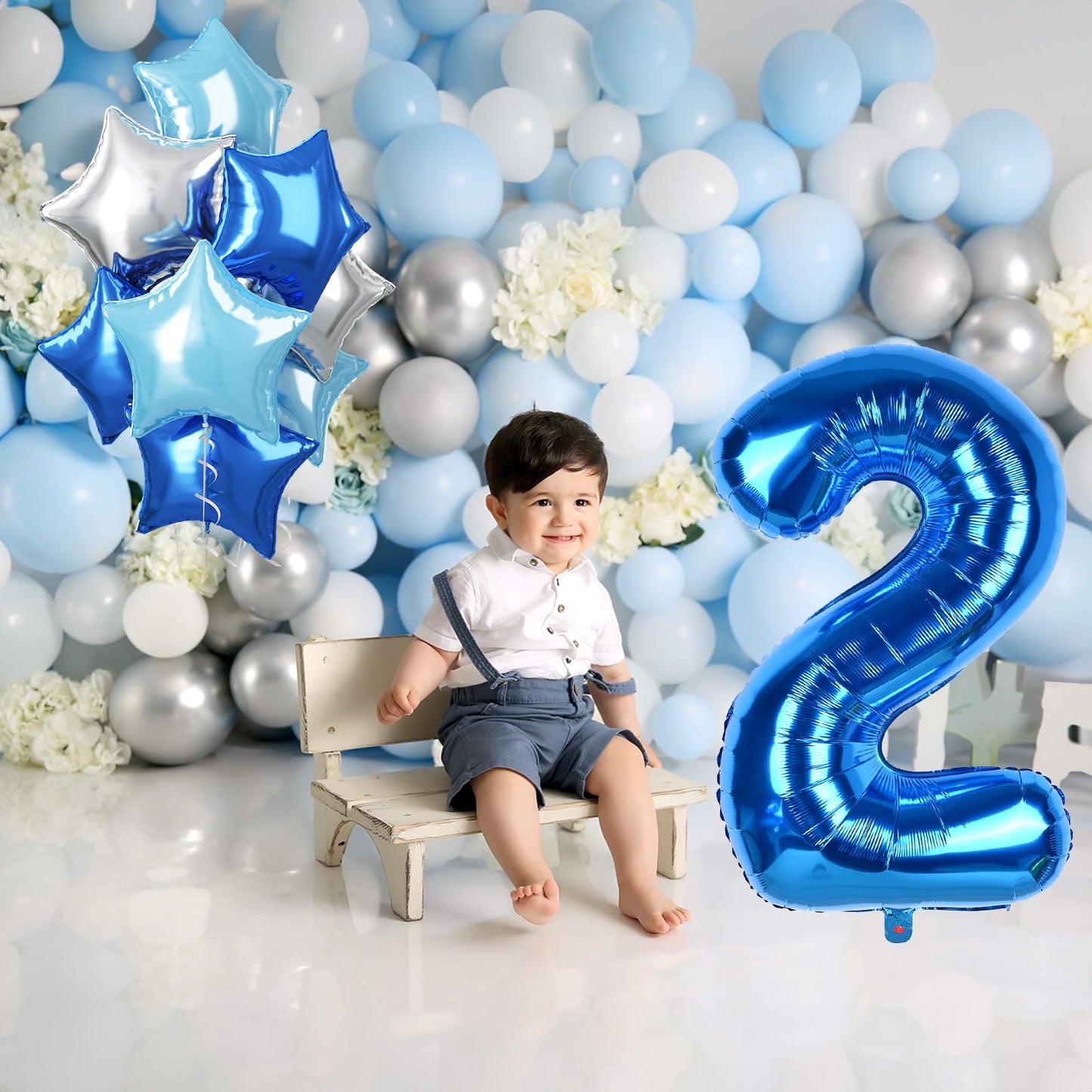 2Nd Birthday Balloon For Boys, 40 Inch Balloon Number 2 Dark Blue, Large Foil Mylar Star Two Balloon Light Royal Blue Silver, He