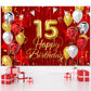 15Th Birthday Backdrop Banner Decorations Red And Gold For Boys Girls Happy 15 Years Old Bday Background Photography Party Decor Sign Supplies