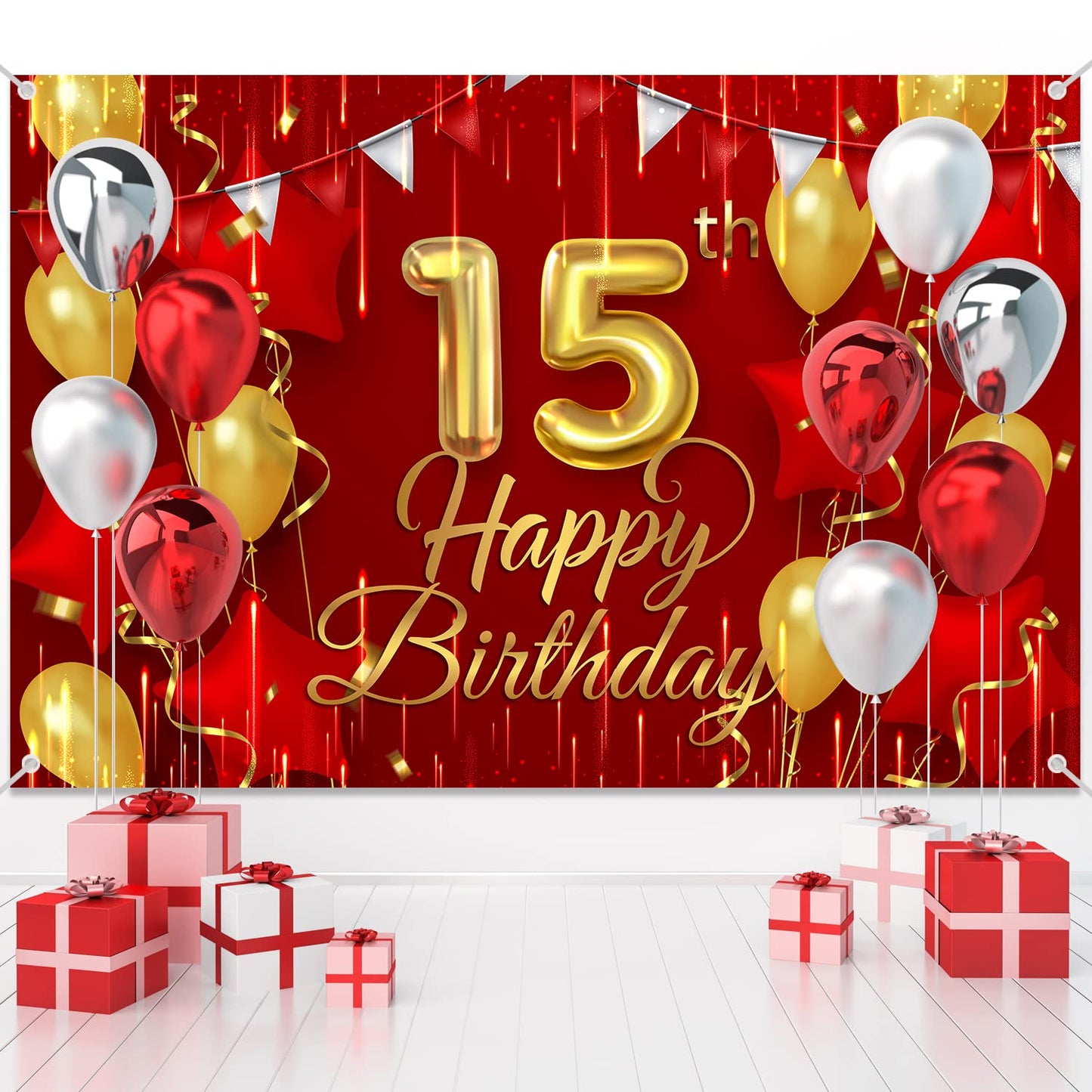 15Th Birthday Backdrop Banner Decorations Red And Gold For Boys Girls Happy 15 Years Old Bday Background Photography Party Decor Sign Supplies