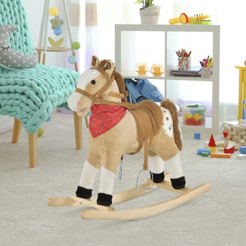 Qaba Kids Plush Ride-On Rocking Horse Toy Cowboy Rocker With Fun Realistic Sounds For Child 3-6 Years Old, Beige