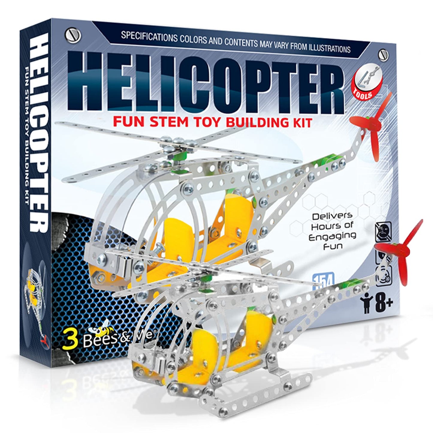 3 Bees & Me Metal Helicopter Erector Set for Boys and Girls Age 8 Years Old to mature-themed | Fun STEM Toy Building Kit | Educational Birthday Gift for Junior Engineers | Kids Building Projects