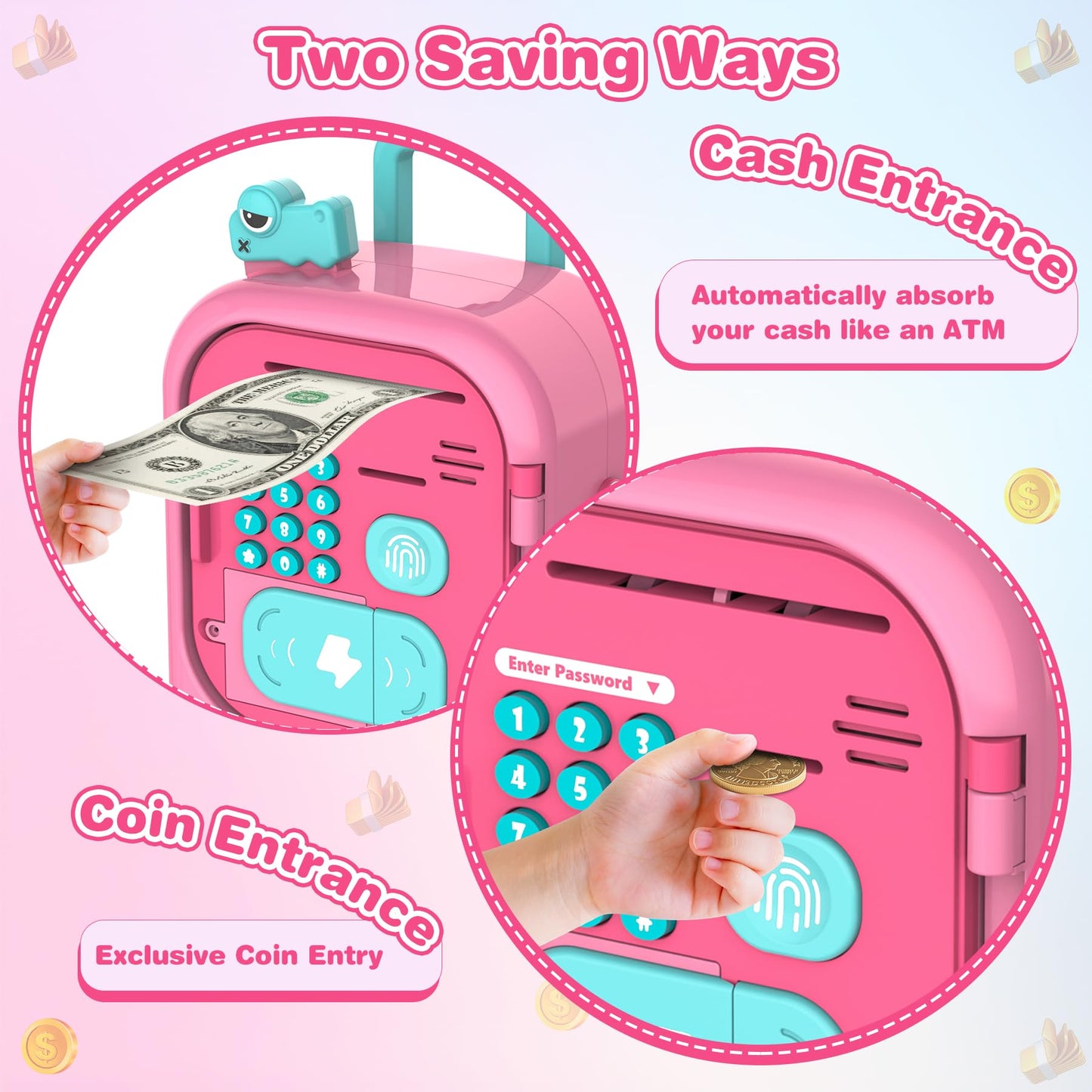Piggy Bank for Kids with Fingerprint, ATM Machine Kids Christmas Birthday Gifts, Electronic Cash Coin Bank Money Saving Box with