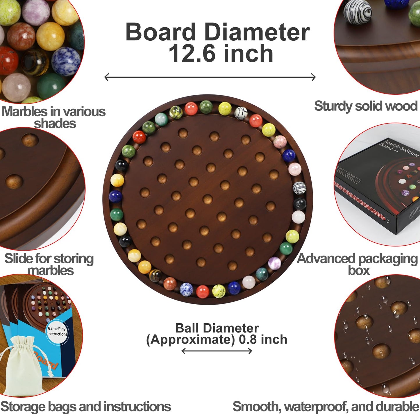 Medikaison Large Solitaire Game Handmade Solid Wooden Marble Board Game Set With 36 Natural Marble Marbles Classic Thick Round Board Games For Adults Game Night (Walnut, Medium)