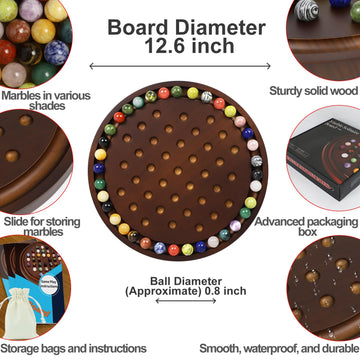 Medikaison Large Solitaire Game Handmade Solid Wooden Marble Board Game Set With 36 Natural Marble Marbles Classic Thick Round Board Games For Adults Game Night (Walnut, Medium)