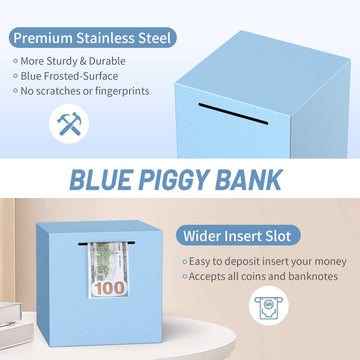 Adults Piggy Bank Must Break To Open, Unbreakable Stainless Steel Piggy Bank For Adults, Metal Savings Box For Cash Saving (Blue
