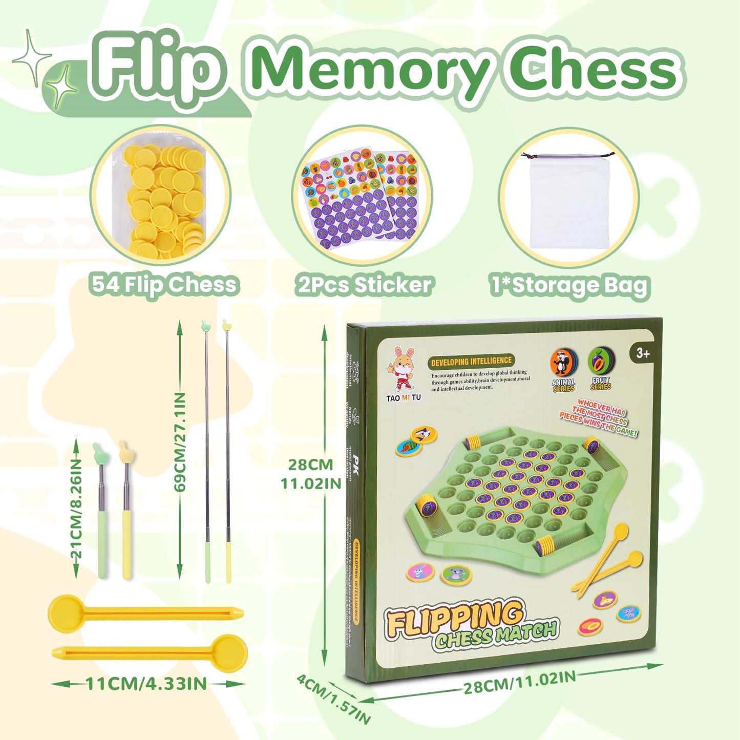 Gencokok 54Pcs Flip Chess Memory Game, 2025 Fruit Flip Chess Board Game, Memory Chess Over Card Chess Board, Double Cartoon Patt