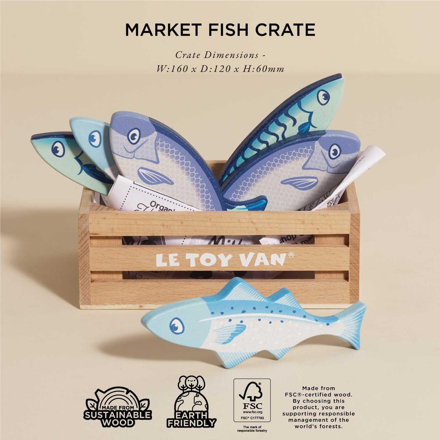 Le Toy Van - Wooden Honeybee Market Fresh Fish Crate | Wooden Role Play Toy | Supermarket Pretend Play Shop Food