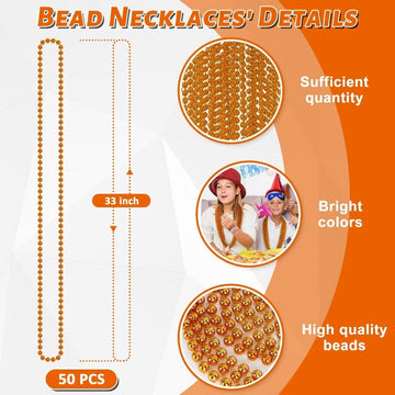 Eoboh 50Pcs Bead Necklace, Orange Bead Necklaces Party Favors Bulk, 33'' Mardi Gras Necklaces, Festival Parade Throw Accessories