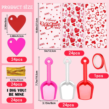 YUJUN 120 Pieces Valentine's Day Plastic Shovels for Kids I DIG YOU Valentine's Day Cards Stickers Candy Bags for Valentine's Da