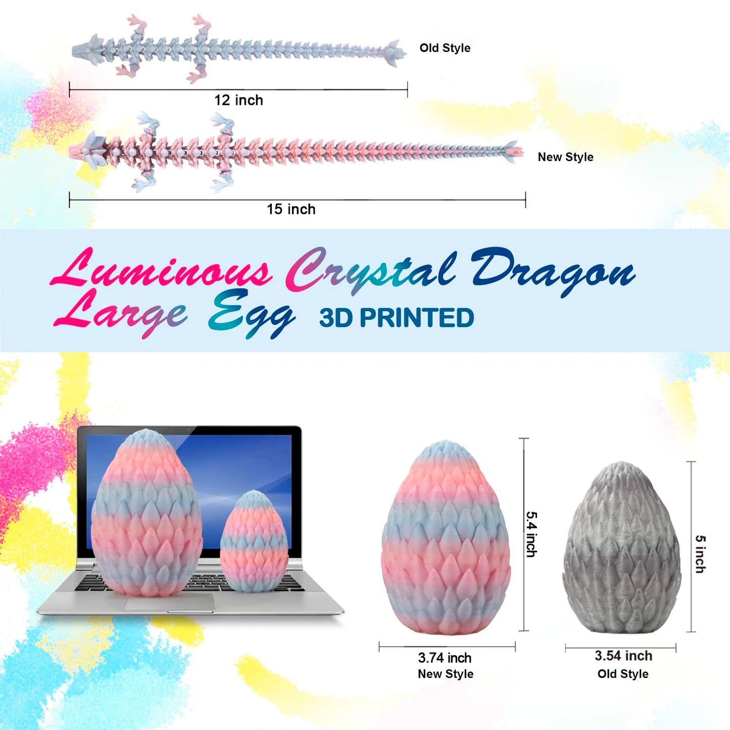 3D Printed Dragon,Dragon Eggs With Dragon Inside,Surprise Dragon Egg Toy,15'' Full Articulated Crystal 3D Dragon