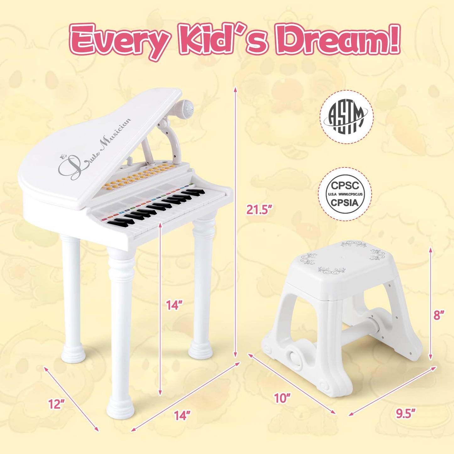 HONEY JOY Classical Kids Piano, 31-Key Toy Mini Grand Piano with Music Stand & Stool, Portable Electronic Educational Musical In