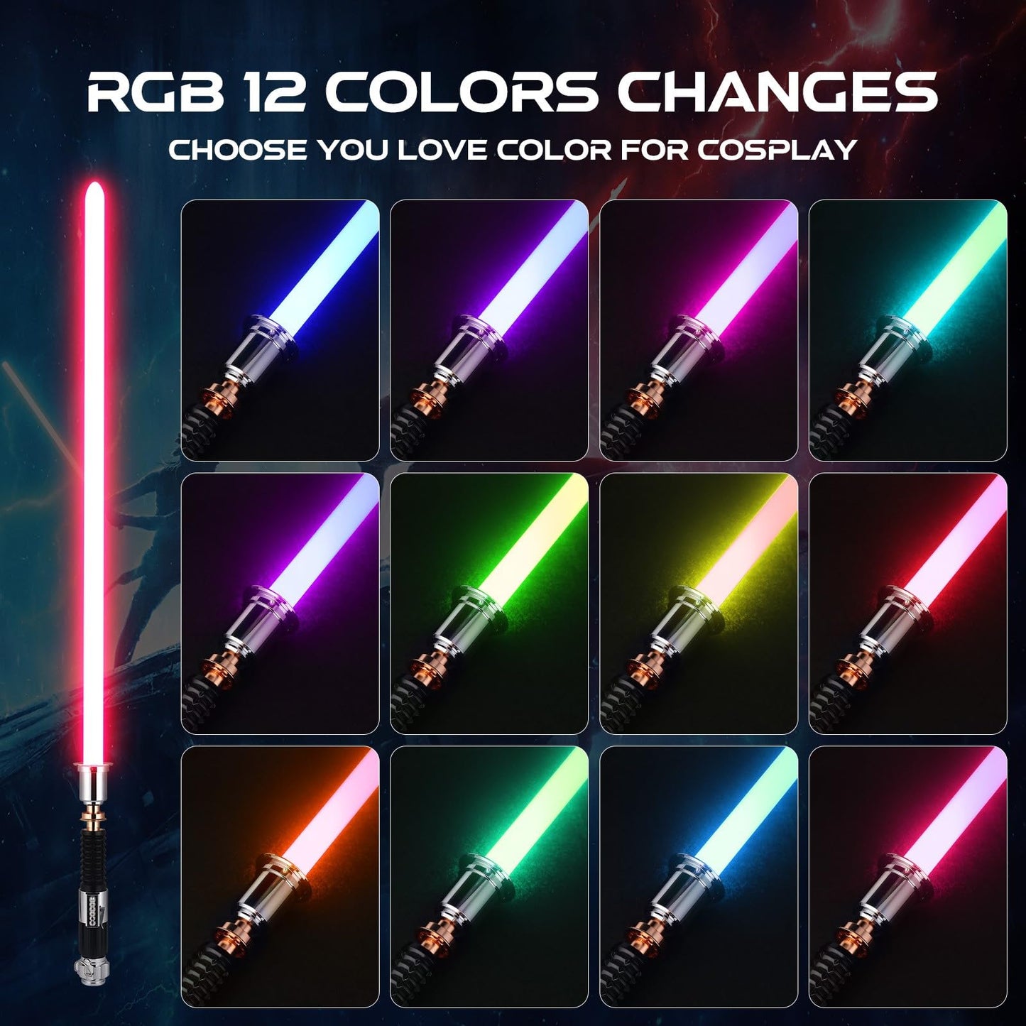 Cvcbser Rgb Dueling Lightsaber, Motion Control 39 Sets Sound Effects And 12 Colors, Smooth Swing Metal Handle Light Saber For Ad