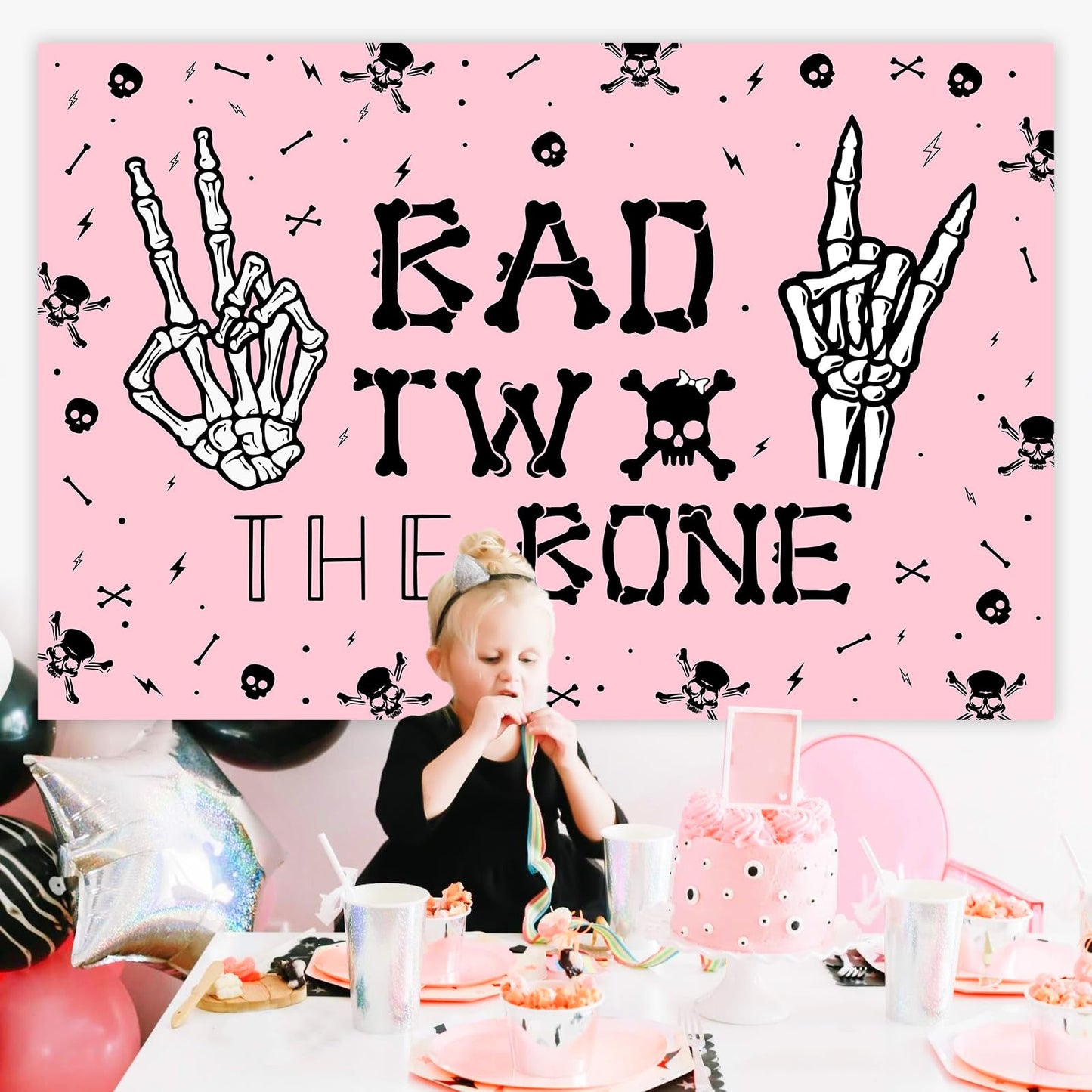 Wonmelody Skeleton Theme Birthday Backdrop Banner, 5x3ft Polyester, Pink & Black, 2nd Birthday Decorations, Model CA-F-PA-11519