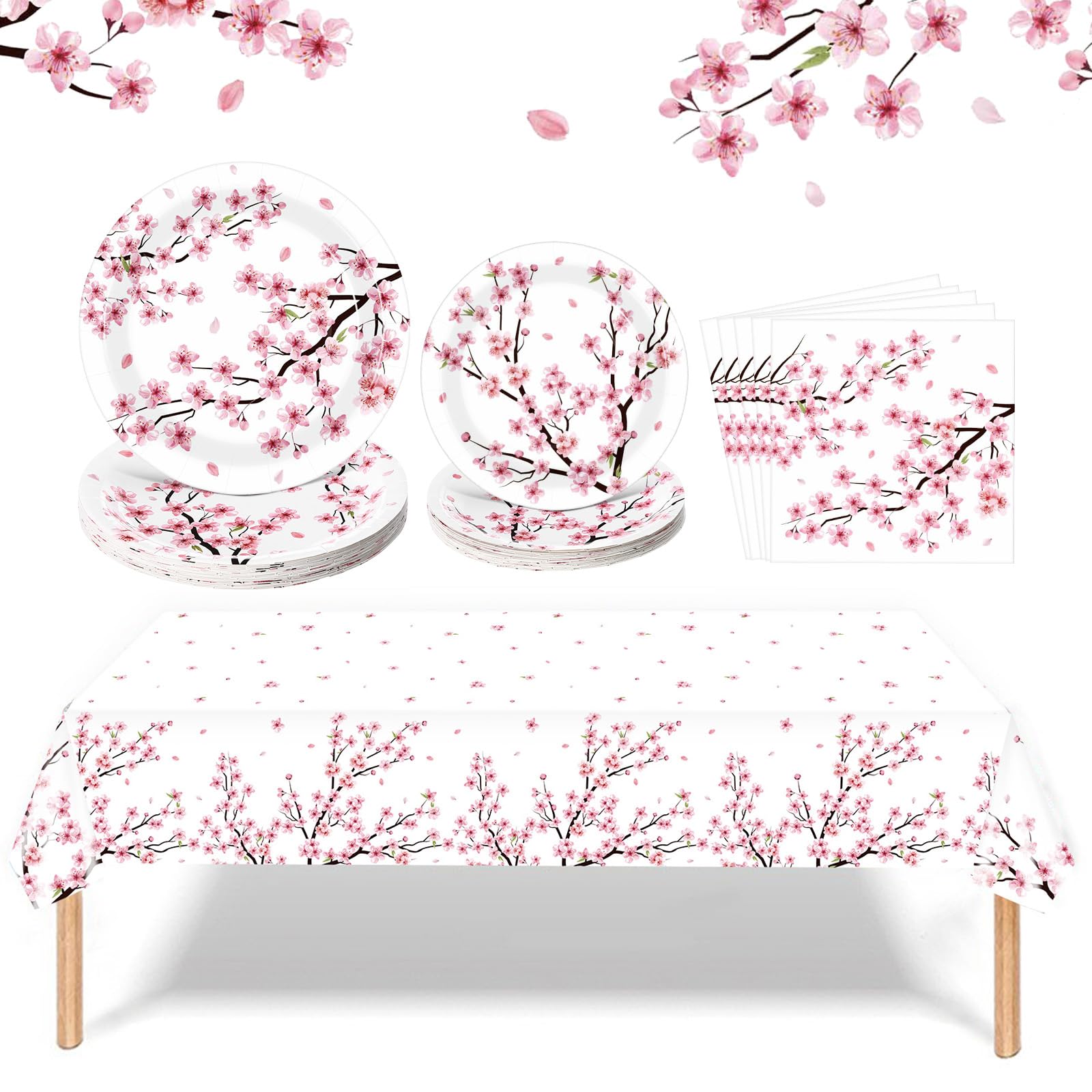 Zhehao 101 Pcs Cherry Blossom Party Tableware Set Cherry Blossom Party Supplies Includes 50 Pcs Paper Plates, 50 Pcs Napkins and