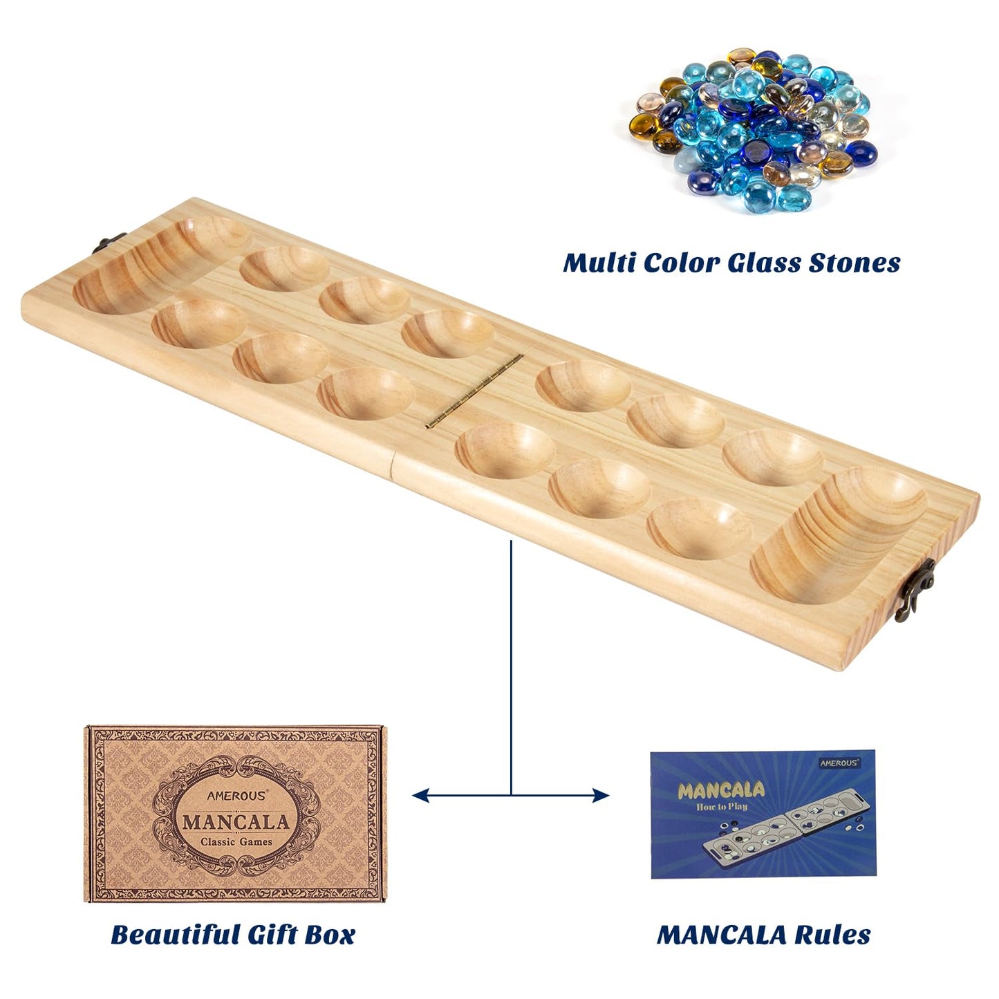 AMEROUS Wooden Mancala Board Game Set - Folding Design with 72+8 Multi Color Glass Stones - Portable Travel Game for Kids & Adults