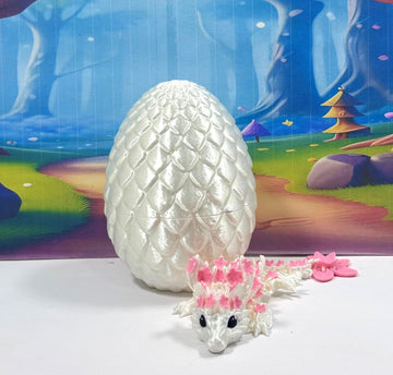 3D Printed Dragon With Egg, Articulated 6'' Pink And White Cherry Blossom Baby Dragon, Fidget Adhd Autism Toy Bd004-Wht