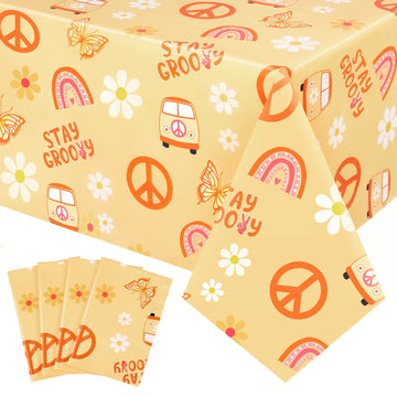 4 Pcs Stay Groovy Tablecloth Retro Hippie Boho Party Table Covers Daisy Flower Bohemian Rainbow Tablecloths Disposable Waterproo