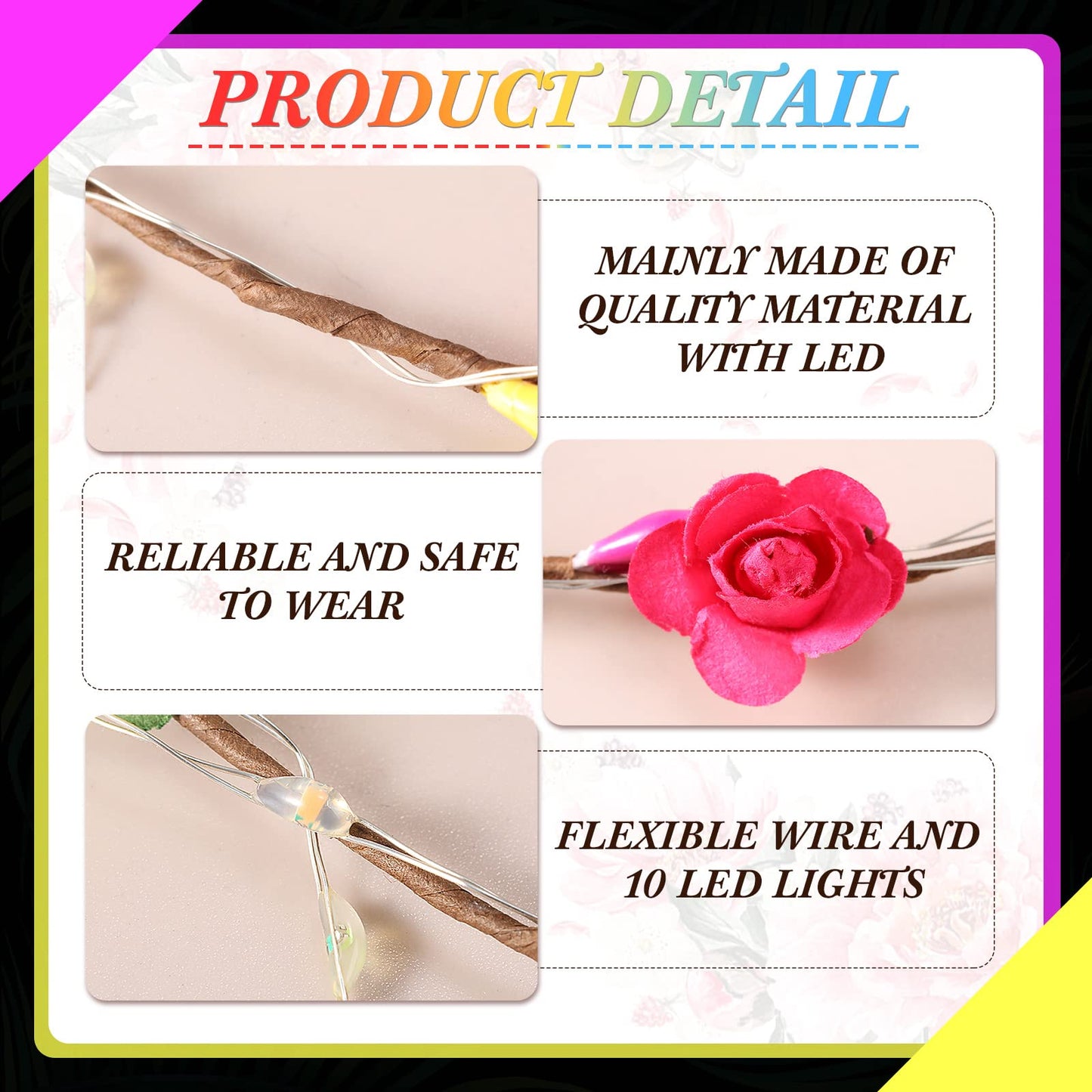 Yunsailing 64 Pcs Light up Flower Headband LED Hair Crown Girl Headpiece Luminous Tiara Glowing Floral Headdress for Mardi Gras