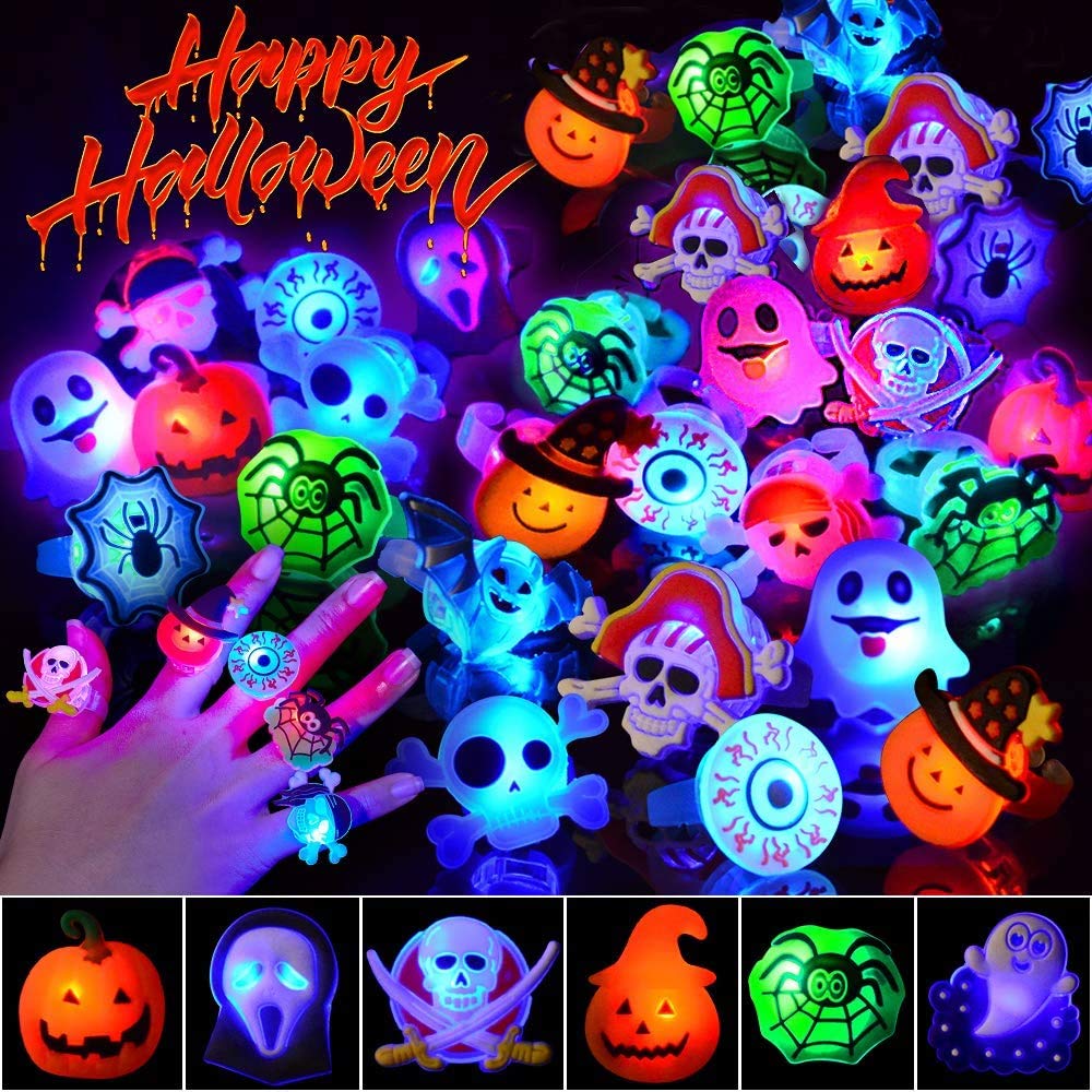 Coluans Halloween Treats 25Pcs Halloween LED Ring Light Up Rings Halloween Toys Glow in The Dark Halloween Party Favors for Kid 
