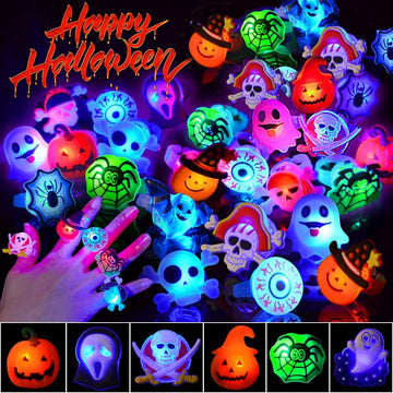 Coluans Halloween Treats 25Pcs Halloween LED Ring Light Up Rings Halloween Toys Glow in The Dark Halloween Party Favors for Kid 