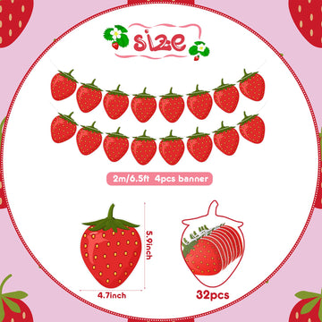 Lewtemi 4 Pcs Berry First Birthday Decor Strawberry Baby Shower Decorations Strawberry Hanging Banner Berry Garland For Strawberry Themed Party Favors Supplies(Red)