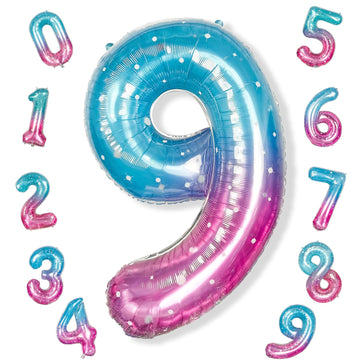 Mermaid Starry Number 9 Balloons, 40 Inch Large Purple Blue Pink Foil Number Balloons Set 0-9 For Girls, Globos De Numero 9 Heli